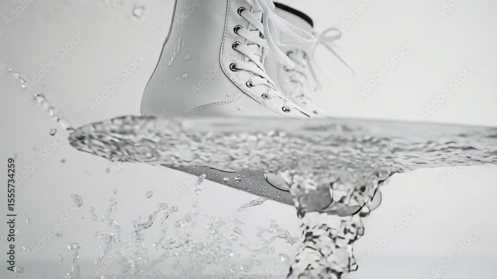 Poster a pair of white ice skates getting wet and splashed with water