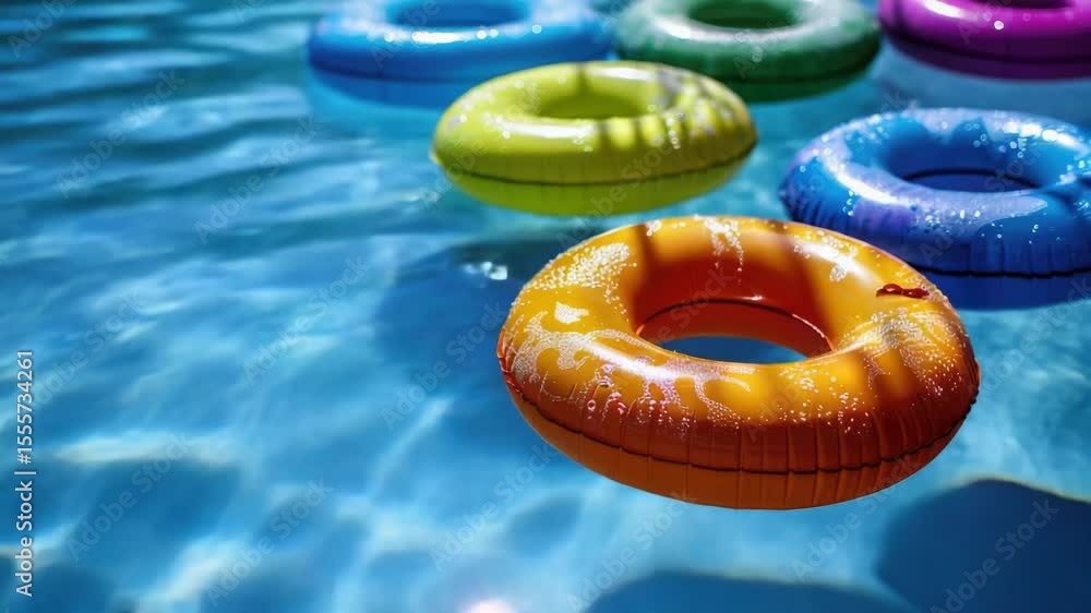 Poster group of colorful inflatable rings floating on the surface of a swimming pool, perfect for summer fu