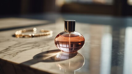 Elegant perfume bottle on sunlit marble table with gold bracelet