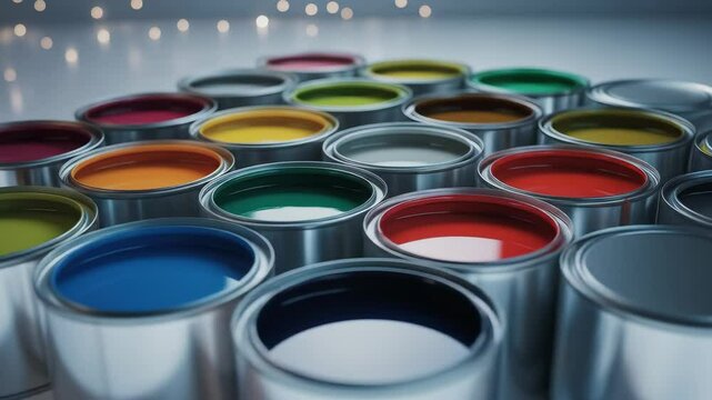 Colorful paint cans display professional studio shot variety of colors high quality image visual appeal industrial commercial