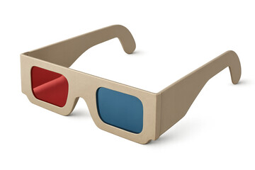 Cardboard 3d glasses with red and blue lenses are presented on a transparent background, ready for immersive viewing