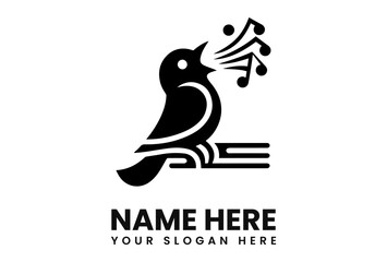 A stylized black bird singing musical notes, perched on a book, with text below.