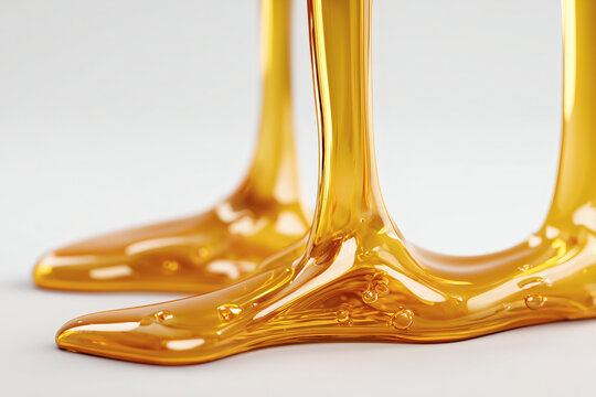 Golden viscous fluid cascading downward, forming a glossy, reflective surface with tiny bubbles. Sweet, rich texture.