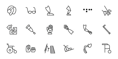 Obraz premium Set of outline icons related to disability, disabled helping utility tools. Linear icon collection. Editable stroke. Vector illustration