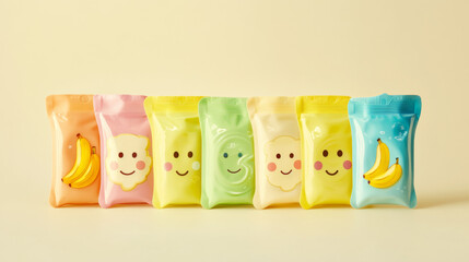 Colorful adorable pouches stand in a cheerful row. Fun packaging featuring smiles and fruit designs.