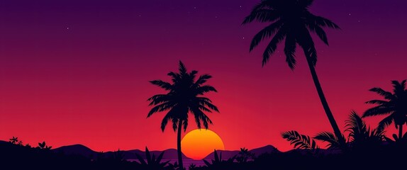 Tropical Sunset Landscape with Palm Trees and Ocean View