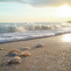 untouched natural beach with soft waves, sand dunes, seashells, no people, warm daylight, realistic texture and mood 
