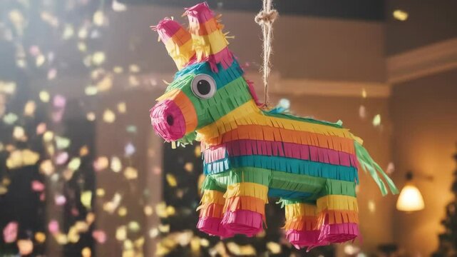 Colorful pinata hanging with confetti background festive party decoration