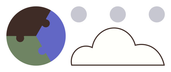 Earth depicted as a puzzle piece globe, connected to a lined cloud, alongside three circles. Ideal for themes on sustainability, collaboration, climate change, data storage, global solutions