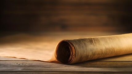 Rolled - up Ancient Papyrus on Rustic Wooden Surface