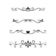 Decorative simple divider. Text dividers retro minimal line separators,  Vector isolated geometric wedding card heart separator elements set. Text dividers. . Hand drawn vector illustration. 
