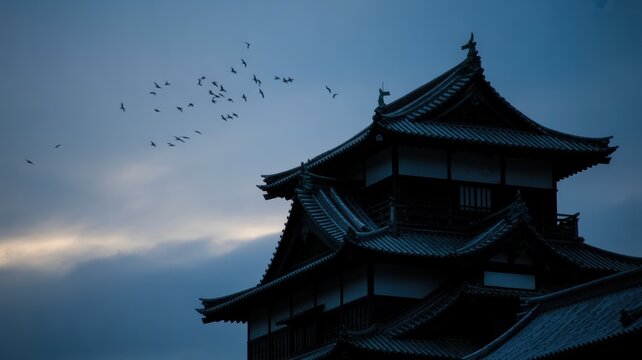 Serene evening at a traditional japanese castle with soaring birds