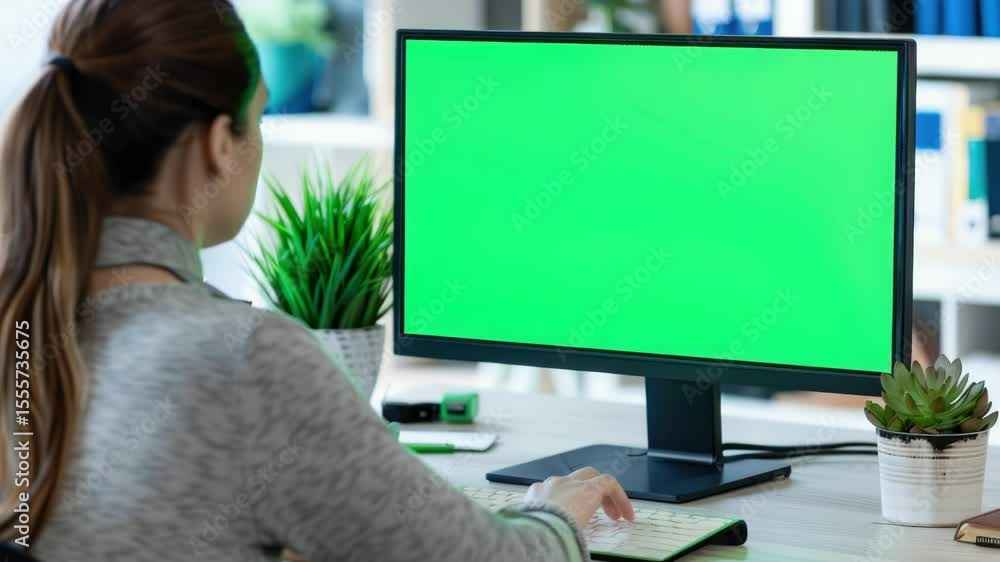 Poster Woman sits at desk in front of computer with green screen, perfect for tech-related concepts or environmental settings