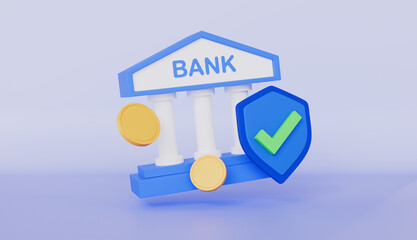 Bank icon with shield and check mark, coins, Data protection, Financial security and transaction safety