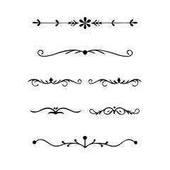 Obraz premium Gold text dividers doodle set. Wedding decorative elements. Divider ornament, borders, floral, vintage line separators. Hand drawn vector illustration isolated on white background. Set page dividers. 