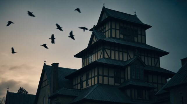 Gothic architecture with birds silhouette at dusk