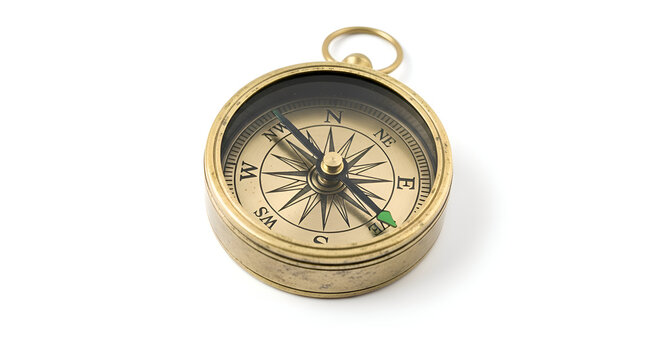 A brass pirate compass with realistic vintage look, centered on white background - Powered by Adobe