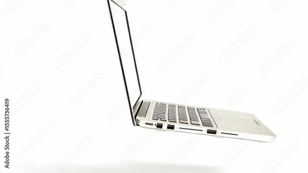 Poster A laptop computer sits open on a white surface, ready for use