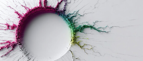 Abstract circular explosion of colorful particles and cracks on a white background