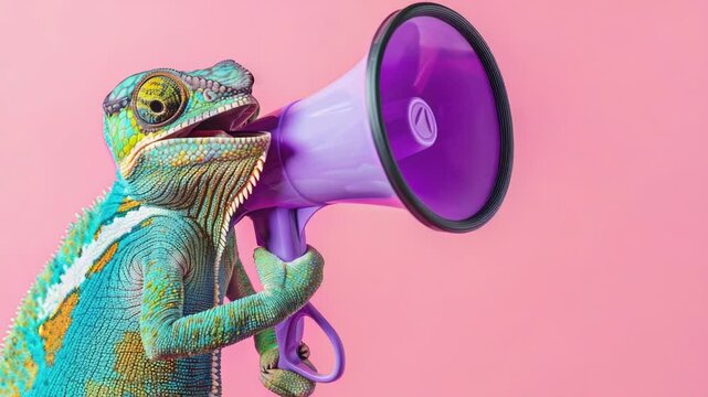 A chameleon holds a purple megaphone, perfect for unique promotional uses