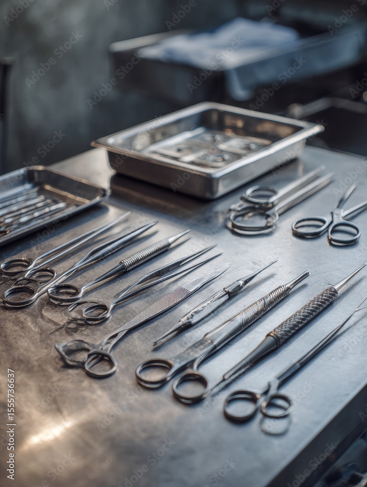 Poster sterile surgical instruments organized methodically on a table, ready for use in vision correction p
