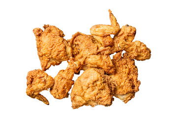 Crispy golden fried chicken tenders arranged on a gray surface isolated on transparent background