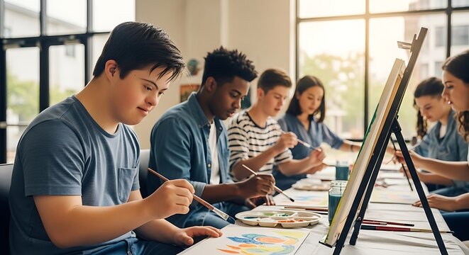 Down Syndrome and Students Painting Together in Class - Powered by Adobe