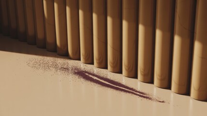 Purple powder on marble surface with vertical wooden columns in sunlight