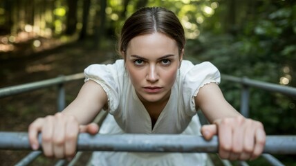 Naklejka premium Determined young caucasian female exercising outdoors in a forest setting