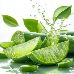 Fresh aloe vera leaves splashing in aloe vera juice