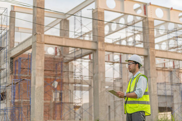 Fototapeta premium Two Asian engineer working at site of a large building project,Work overtime at construction site,Team of engineer discus at site,The architect, supervisor, and foreman meet to discuss the design