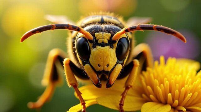 Close-up of a yellow jacket wasp reveals its black and yellow striped head, large eyes, and slightly open mandibles in a sunlit garden.