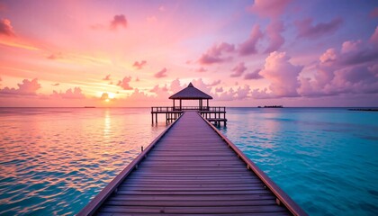 Obraz premium Wooden Pier Over Stunning Tropical Lagoon at Serene Sunset