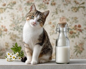 vintage cat photography Cute Cat Sitting Beside Glass Bottle of Milk With Flowers nostalgic interior with pets retro lifestyle stock image