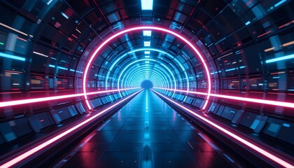 Neon Horizon: Futuristic Tunnel with Vibrant Lights Generated by AI Technology