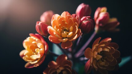 Vibrant orange and red flowers in soft light with dark background