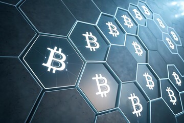 Interlocked hexagons with bitcoin symbols in digital crypto theme