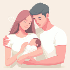 Obraz premium New parents with baby, tender mood, soft illustration, showcasing love and care