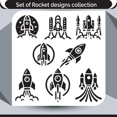 Black and White Rocket Designs Collection Various Rocket Launch Symbols and Space Exploration Concepts in Graphic Form