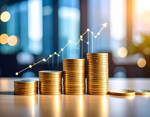 Visualize prosperity with golden stacks and a success chart in a warm, unfocused business environment.