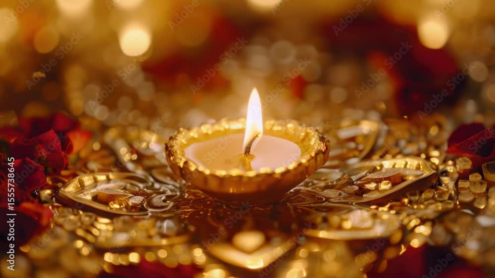 Poster a single lit candle sits atop a gold plate, adding warmth and elegance to any setting