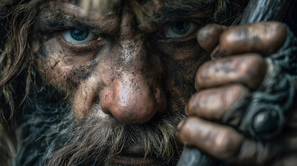 Primeval Caveman Wearing Animal Skin Holds Stone Tipped Spear Looks Around, Explores Prehistoric Forest in a Hunt for Animal Prey. Neanderthal Going Hunting in the Jungle