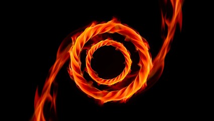 Abstract swirling fiery vortex of orange and yellow flames against a stark black background
