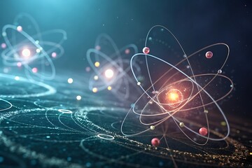 Quantum computing abstract with atom particles and energy rings