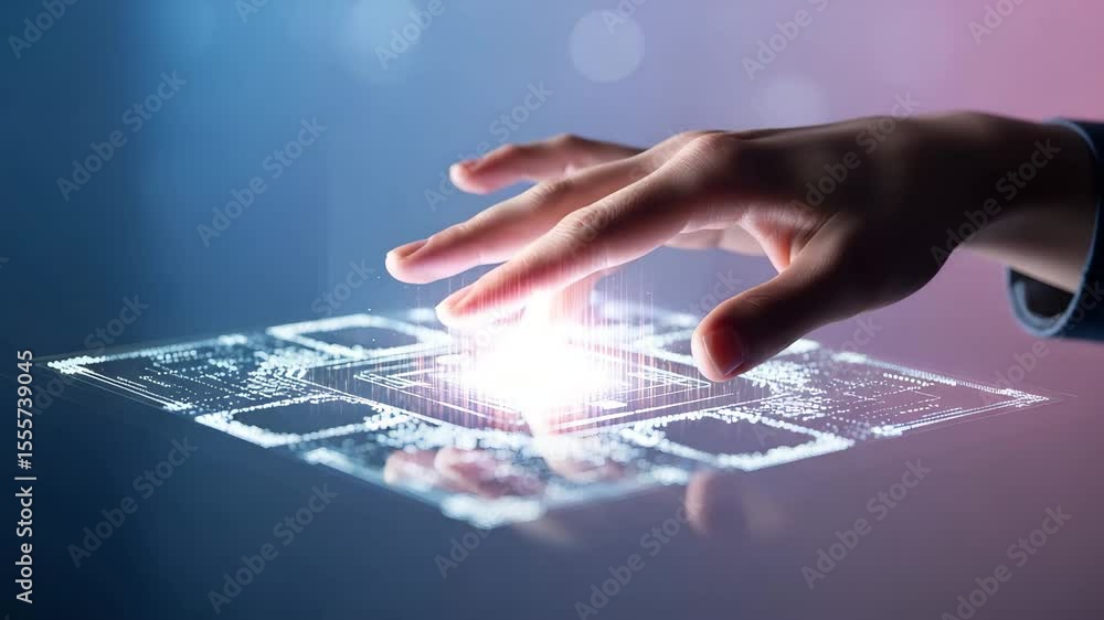 Poster a hand touching a glowing digital circuit board interface on a reflective surface background