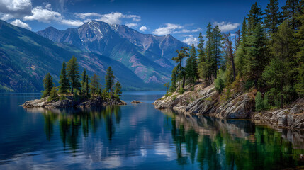 Fototapeta premium Big river and mountain landscape , blue sky.