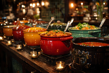 Cook Off. A row of Crock Pots set up for a Chili Competition at a Restaurant, complete with Ladles
