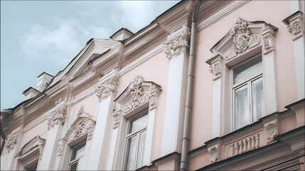Obraz premium Pastel facade with ornate details, soft daylight. Elegant simplicity in architectural harmony.