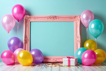 Vibrant Birthday Celebration With Balloons And A Gift Box Frame