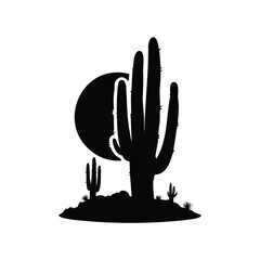 Black and white silhouette of desert landscape with cactus and setting sun © hamiduls11arts